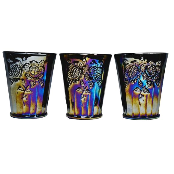 Vtg Mayfair Open Rose Pitcher Amethyst Carnival Glass & 3 Drinking Cups Set - Picture 4 of 16